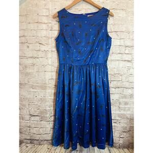 Lindy Bop Dress Womens 8 Royal Blue Satin Black Cat Print A Line Midi Pockets